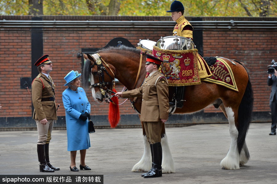 英國女王伊麗莎白二世到訪騎兵隊 身著天藍(lán)色風(fēng)衣面露微笑